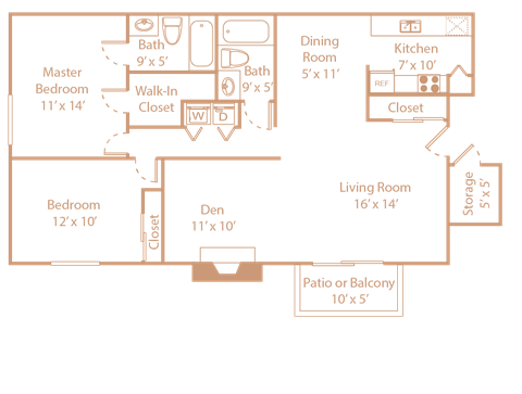 Floor plan for 2 beds, 2 baths, 1131 sqft